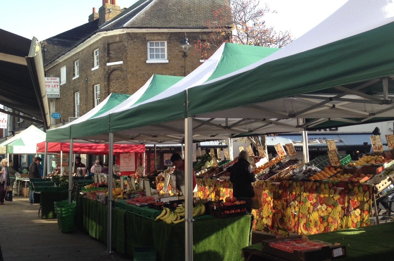"Farmers' market vegetable stall in Hertford"